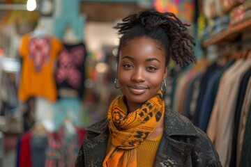 A young woman with a warm scarf smiles confidently in a colorful clothing shop