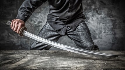 Person unsheathing a traditional Japanese katana with focus on blade