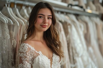 Fototapeta premium A young woman with a smile stands among wedding gowns, wearing one with delicate lace sleeves