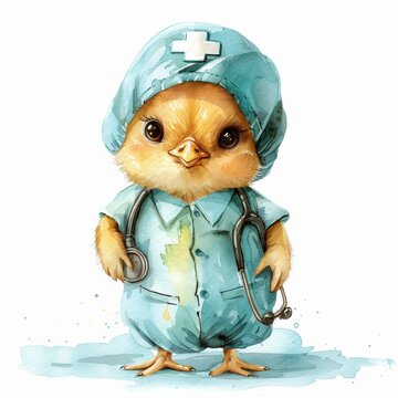 Cute watercolor clipart, baby chicken in doctor uniform on a white background, for a children's room