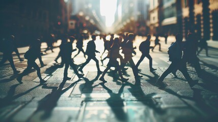 Silhouette different businesspeople walking together in busy city town street. AI generated image - Powered by Adobe