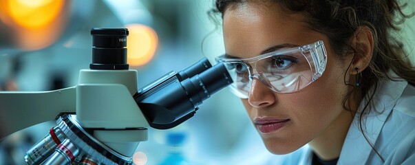 A woman scientist is studying a sample under a microscope.