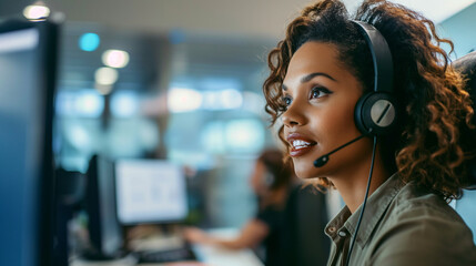 Woman working in call center, phone photo of female and male call center agents  with their headsets