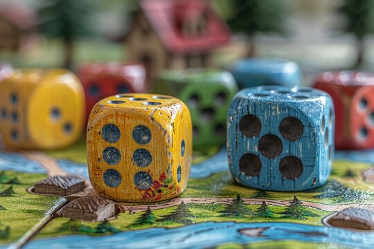 Vividly painted dice on a tabletop game board depicting strategic play and family fun time