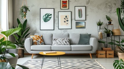 Modern stylish living room with gray sofa. Boho decorations, wall with posters and copy space. home ,interior background comfortable white light modern indoor living room white green house.