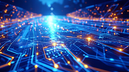 Fototapeta premium A close-up of a circuit board illustrating dynamic data transmission with glowing pathways and nodes, highlighting the flow of digital information