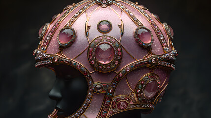 A pink skull helmet adorned with colorful flowers and jewels.