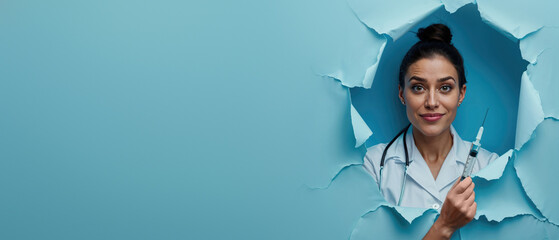 A female healthcare professional in a lab coat holds a syringe, peeking through a torn blue paper background