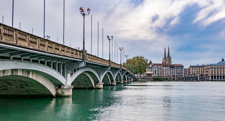 Bayonne, France - October 15. 2023: Saint-Sprit Bridge (Point Saint-Sprit) with the historic centre in the background