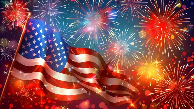 Abstract American flag with fireworks and stars background.