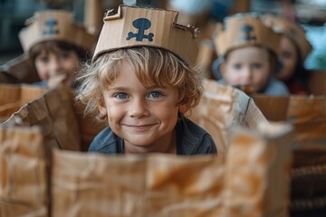 An adorable child donning a handmade cardboard pirate hat smiles broadly