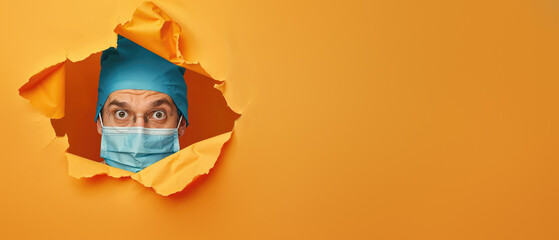 A person wearing a surgical cap and mask is peeking through a hole in orange paper, appearing surprised or inquisitive