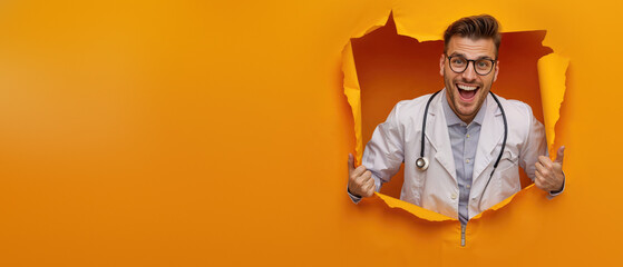 An enthusiastic male doctor in a white coat breaks through yellow paper, making thumbs up, exuding positivity and success