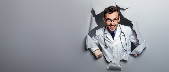 A cheerful male doctor with glasses and stethoscope bursting through a ripped gray paper wall, symbolizing breakthrough or discovery