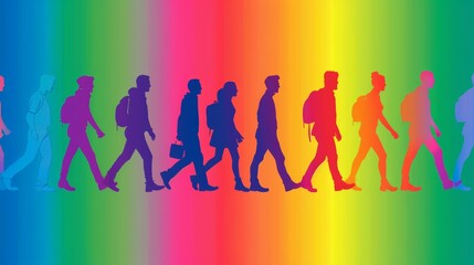 Silhouettes of diverse people walking across a colorful rainbow gradient background. Diversity and inclusion concept.