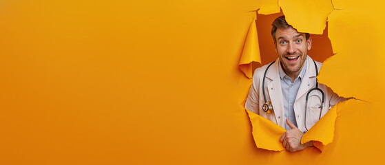 A cheerful man wearing a white lab coat with a stethoscope peers through a large torn hole in a yellow paper background, suggesting breakthrough