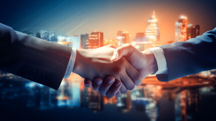 Close up hands of two business partnership handshake, Shaking hands together, deal, with chart, glowing big data on blurry background	