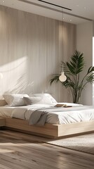 Bright spacious bedroom with modern minimalist decor