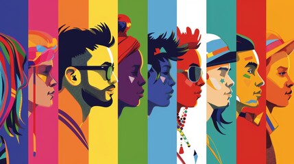 Colorful portrait series with pride theme, illustrated faces on rainbow backgrounds. Diversity and identity concept