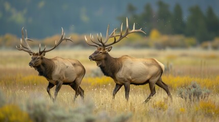 Naklejka na ściany i meble Majestic Elk Duo Trotting Across Meadow at Dusk