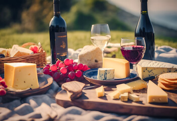 Outdoor picnic scene with an assortment of gourmet cheeses, fresh grapes, crackers, and wine on a rustic wooden board, set against a blurred natural backdrop. National cheese and wine day.