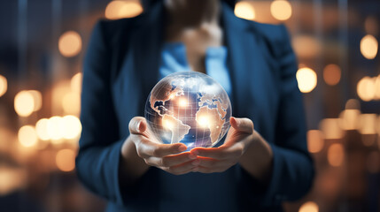 Fototapeta premium Businesspeople holding global network connection, Big data analytics and business intelligence concept. hologram global, Digital link tech 