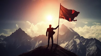 Tuinposter Silhouette of businessman with flag on mountain top over sky and sun light background, business, success, leadership, achievement and people © Anthichada