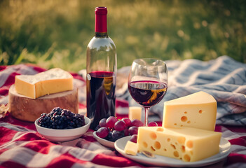 A rustic picnic setup with a bottle of red wine, two glasses, assorted cheeses, and grapes on a red checkered blanket with a natural green backdrop. National cheese and wine day.