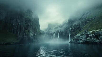 A misty fjord with towering cliffs and waterfalls, serene and majestic nature landscape - obrazy, fototapety, plakaty