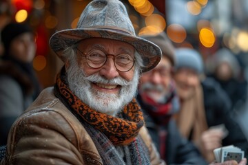 Obraz premium A man in winter attire trades money on a bustling street, surrounded by the blur of city life and commerce