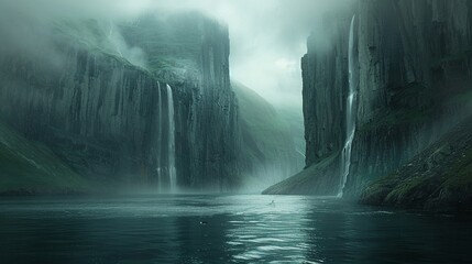 A misty fjord with towering cliffs and waterfalls, serene and majestic nature landscape - obrazy, fototapety, plakaty
