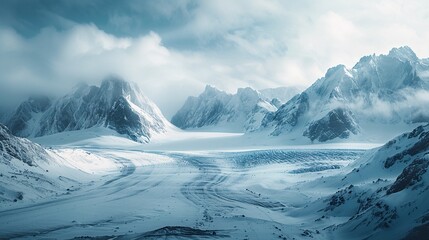 Obraz premium A panoramic view of a glacier with deep blue ice, contrasting with rugged mountains, nature landscape