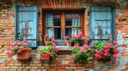 Antique wooden window with shutters on facade of old house with blooming flowers in pots. Painted brick wall with partially collapsed plaster. Picturesque view. Atmosphere of calm. Copy space. - obrazy, fototapety, plakaty