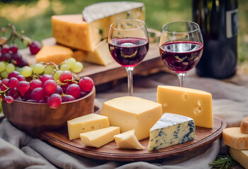 Elegant cheese platter with a variety of cheeses, fresh grapes, two glasses of red wine, and a bottle, set on a rustic wooden board outdoors. National cheese and wine day.