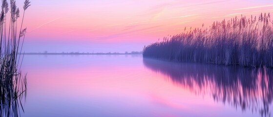 A serene wetland at twilight with reflections of tall reeds and a pastel sky, peaceful nature landscape