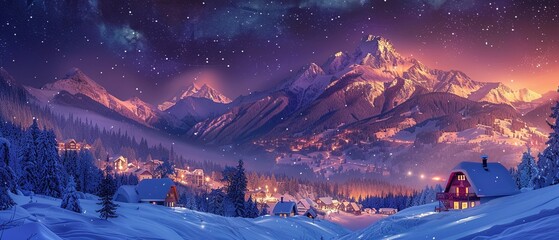 A snowcovered village surrounded by mountains under a starry night sky, winter nature landscape - obrazy, fototapety, plakaty