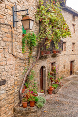 Fototapeta na wymiar Aínsa, Huesca, Spain - October 20, 2023 - Medieval houses in the old town centre