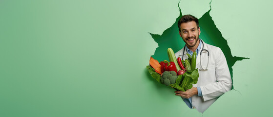 Male doctor in a white coat with a stethoscope presenting colorful vegetables in a green paper tear background