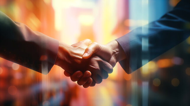 Close Up Hands Of Two Business Partnership Handshake, Shaking Hands Together, Deal, With Chart, Glowing Big Data On Blurry Background