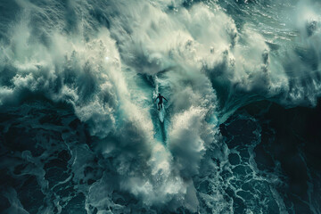 Aerial view of a lone surfer skillfully navigating a colossal turquoise wave, showcasing the power and beauty of the ocean..