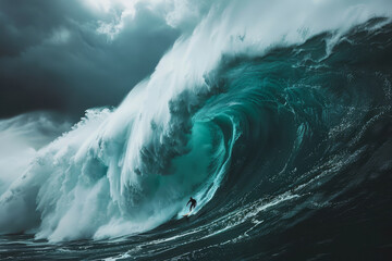 Aerial view of a lone surfer skillfully navigating a colossal turquoise wave, showcasing the power and beauty of the ocean..