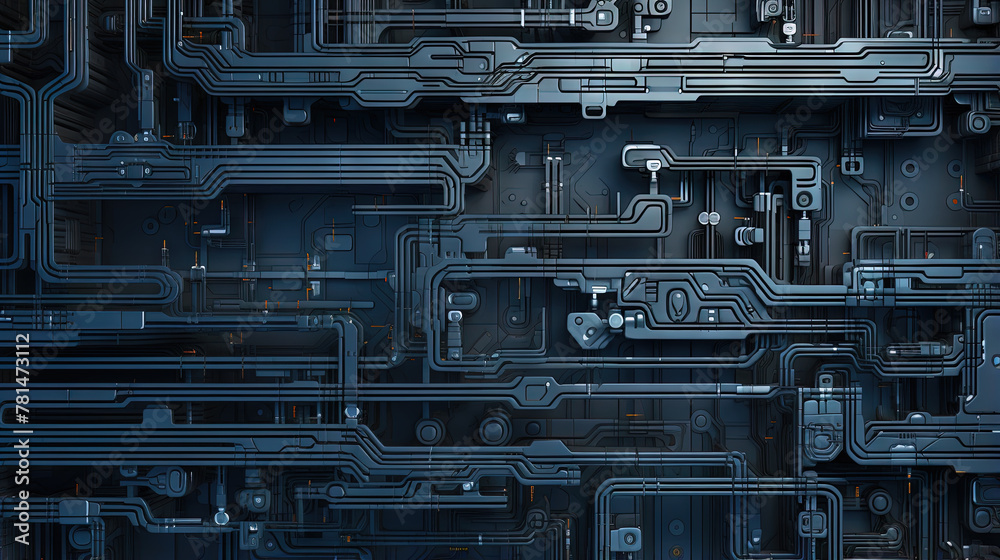 Poster Background with metallic panels texture, wires and circuit. Spaceship hull wall technology background.