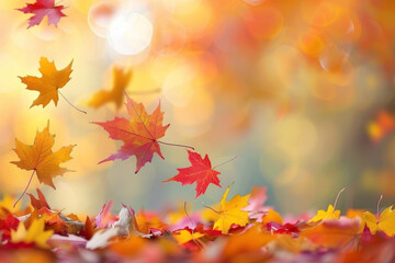 Naklejka na ściany i meble Autumn Leaves Falling in Golden Sunlight Bokeh Background