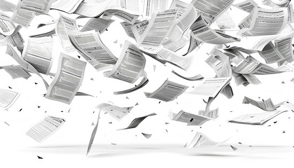 Many flying newspapers on white background