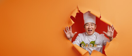An excited chef peeks through an orange paper holding a sushi plate with hands up