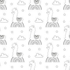 llama and rainbow outline seamless pattern