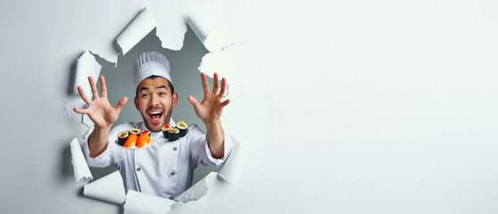 A joyful chef in white breaks paper barrier to showcase vibrant sushi treats
