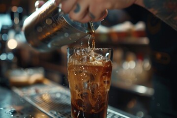 Fototapeta na wymiar Person pouring drink into glass, iced coffee