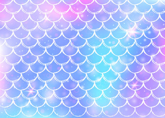 Princess mermaid background with kawaii rainbow scales pattern. Fish tail banner with magic sparkles and stars. Sea fantasy invitation for girlie party. Vibrant princess mermaid backdrop.