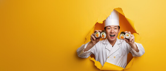 A cheerful chef in white breaks through a yellow paper barrier with sushi in hand